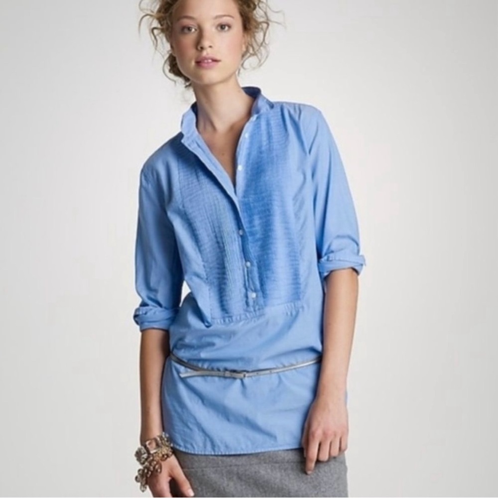 J Crew Tuxedo Beach Tunic Blouse Shirt Pintuck Blue Small Collared Longline